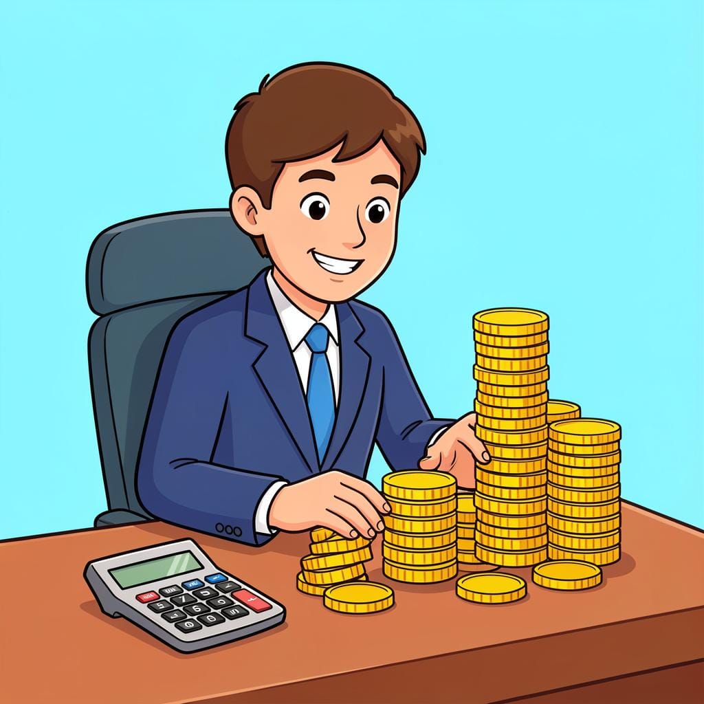 A professional person in a suit sitting at a desk with a stack of gold coins and a calculator.