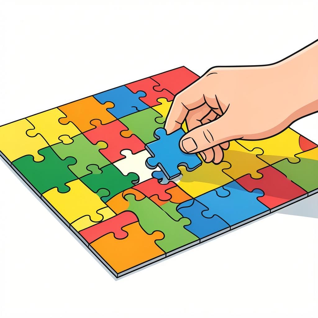 カラフルなジグソーパズルの最後のピースをはめる人。