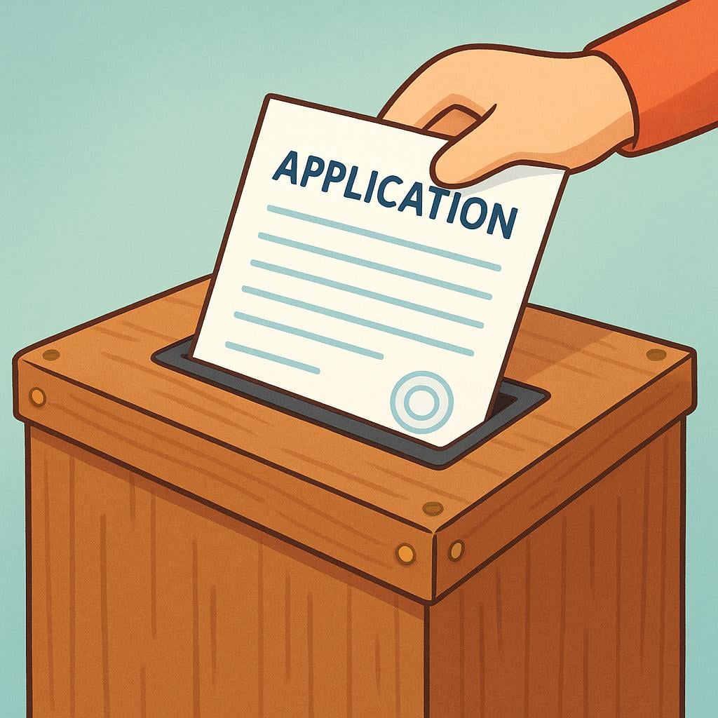 A detailed illustration showing a clean, white formal application document being neatly slid into the narrow slot of a sturdy, wooden submission box.