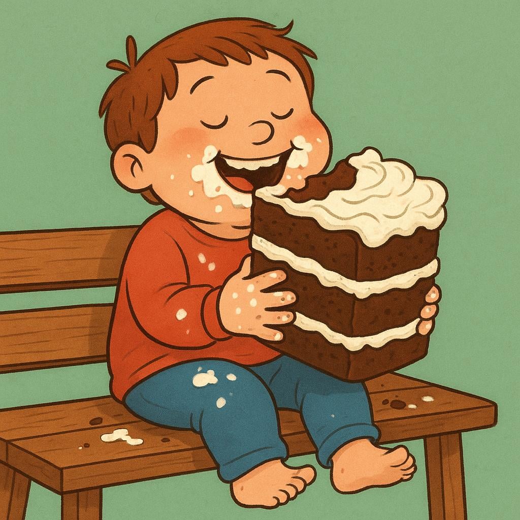 A person sitting comfortably on a park bench eating a large cake with their hands while others look on.