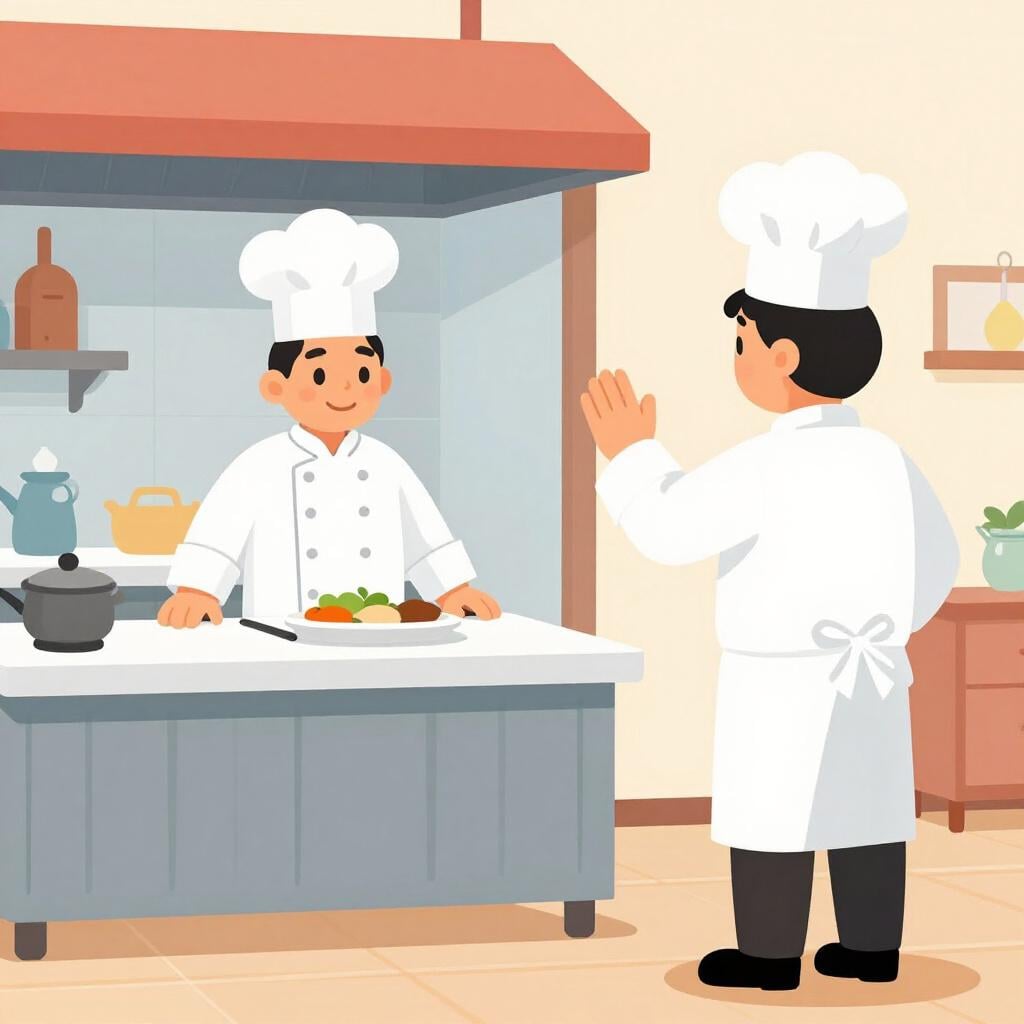 A chef in a white hat stepping into a kitchen station as another chef steps away and waves.