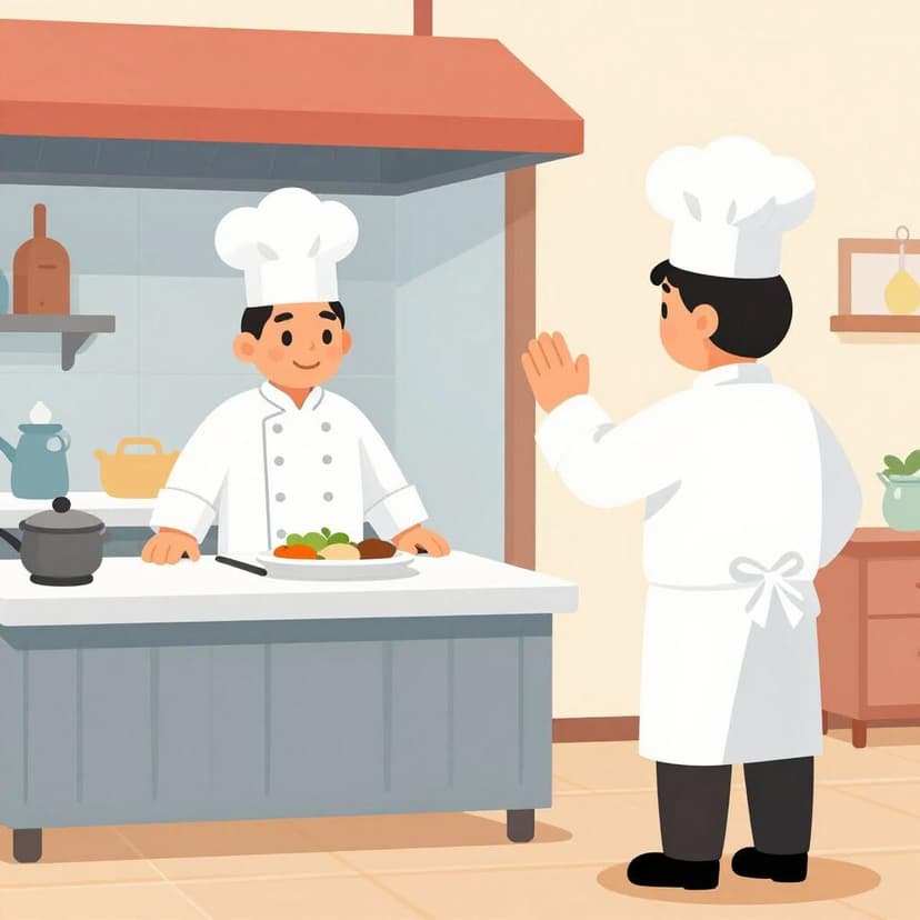 Uno chef con cappello bianco che entra in una postazione di cucina mentre un altro chef si allontana e saluta.