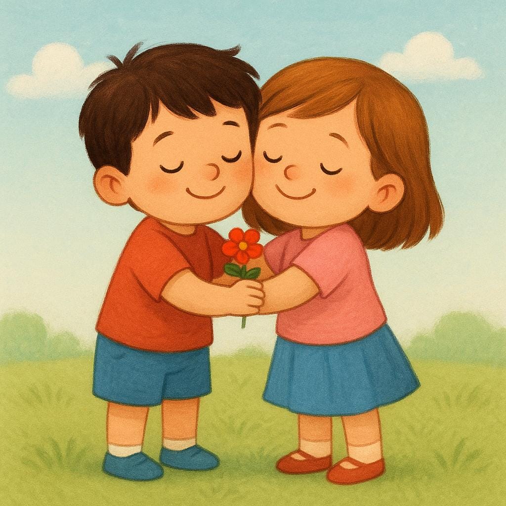 An illustration of two children hugging warmly, symbolizing peace and reconciliation after a disagreement.