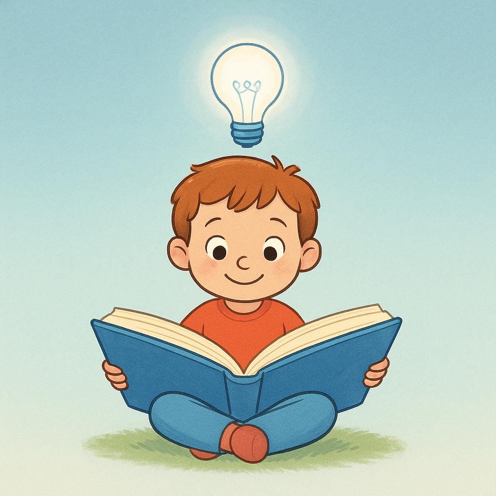 A storybook illustration of a child sitting on the floor, deeply focused on reading a large open book. A bright, glowing lightbulb is depicted floating above the child's head, symbolizing a moment of understanding or learning.