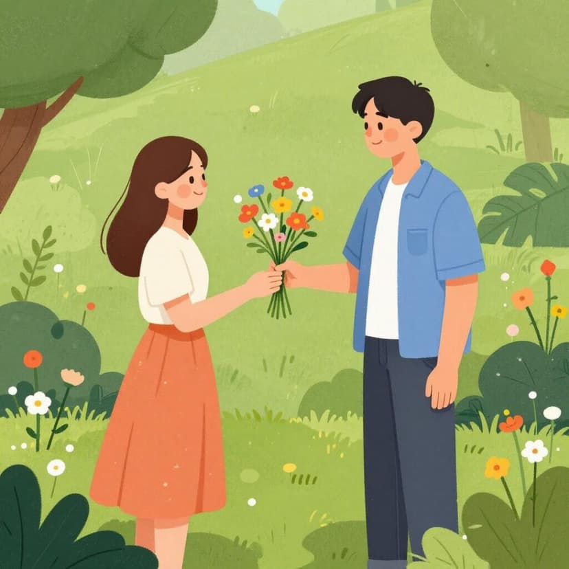 A man offering a small bouquet of wildflowers to a smiling woman in a garden.