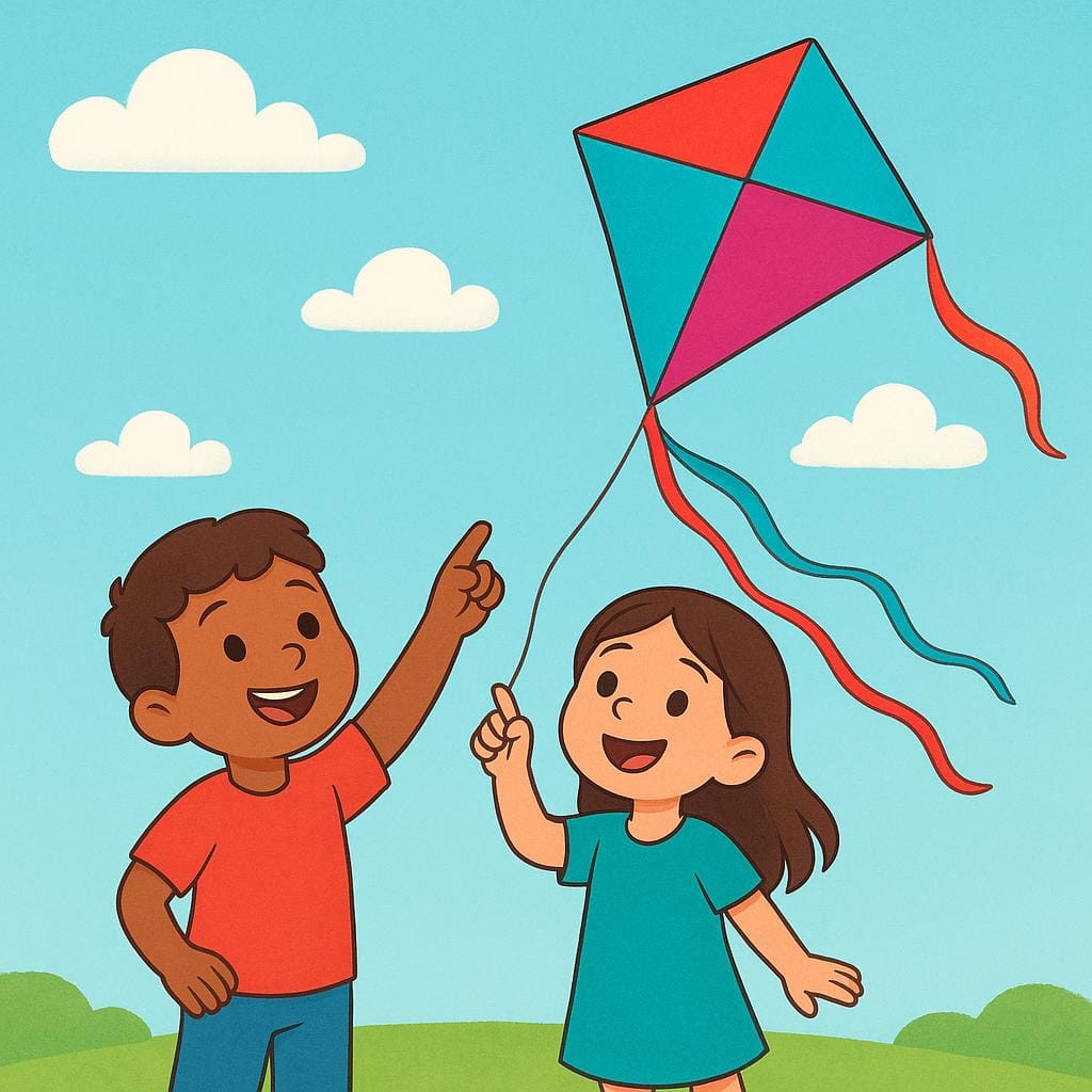 Two happy children pointing up excitedly at a large, brightly colored kite flying high in the blue sky, symbolizing a shared wish or desire.