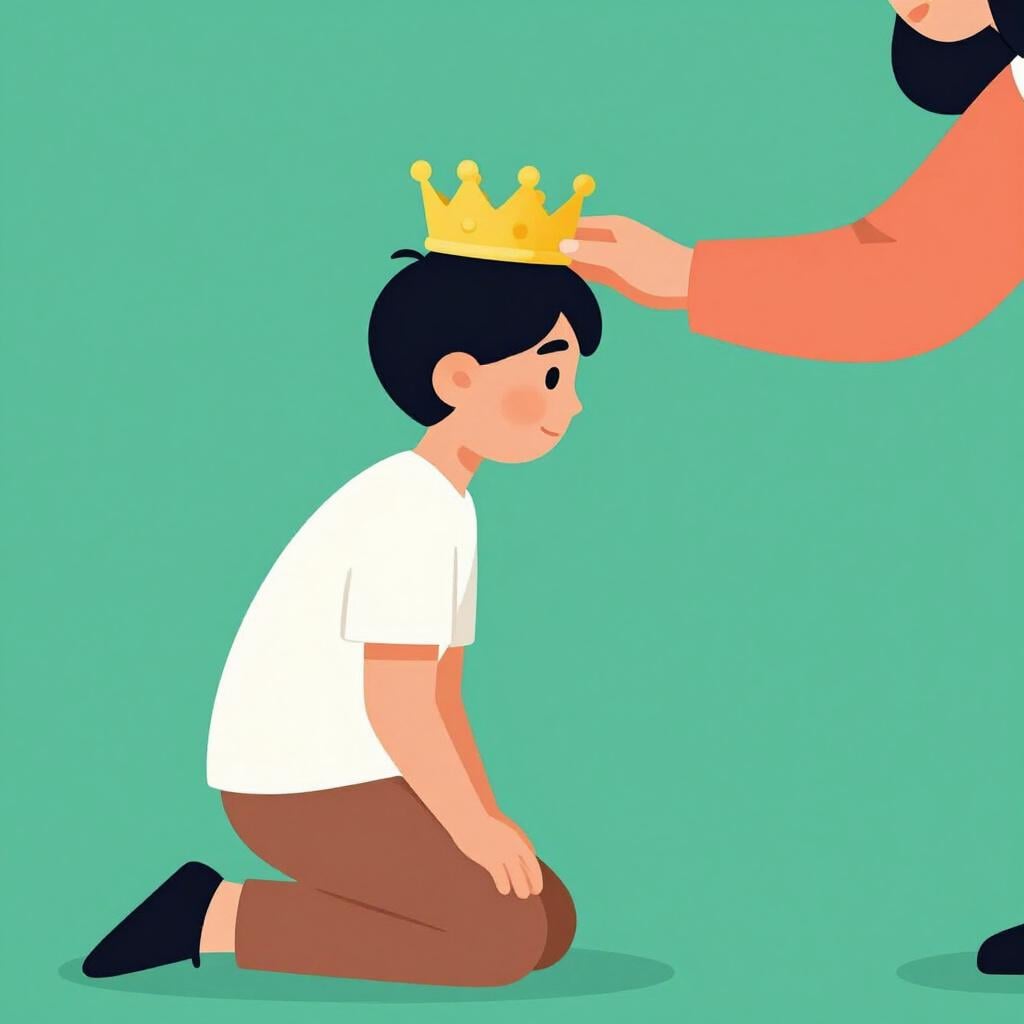 A person placing a golden crown onto the head of another person kneeling.