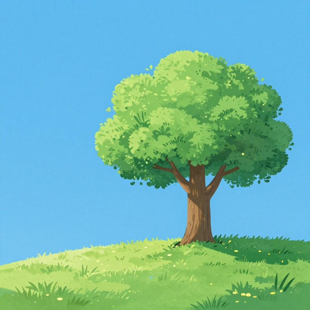 Uma árvore solitária inclinada para o canto superior esquerdo da moldura sob um céu azul claro, indicando uma direção noroeste.