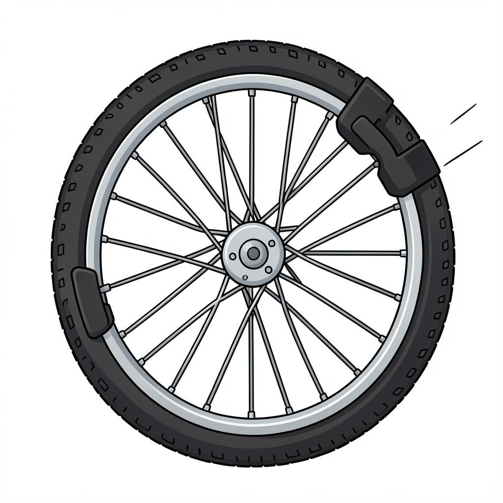 A close-up of a bicycle wheel showing the brake pads gripping the metal rim.