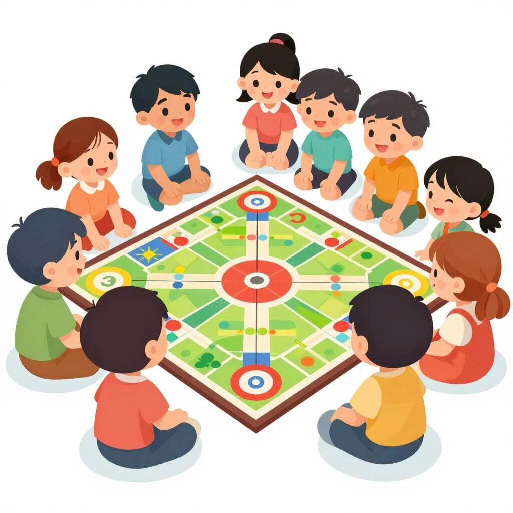 A group of children playing a board game, with one child pointing to themselves with a smile.