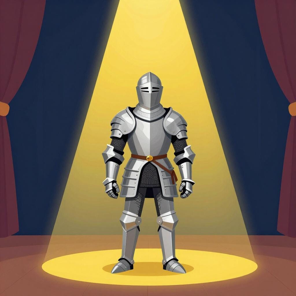 Un singolo cavaliere in armatura scintillante in piedi al centro del palco con un riflettore su di lui.