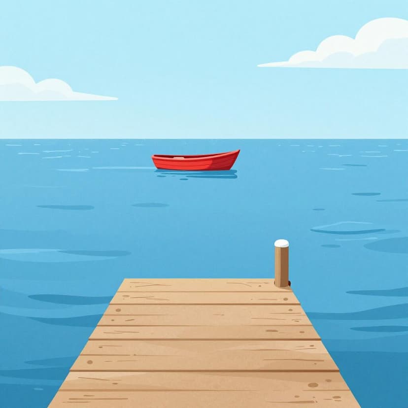 Ein kleines rotes Boot segelt weit weg von einem Holzsteg auf einem ruhigen blauen Meer.