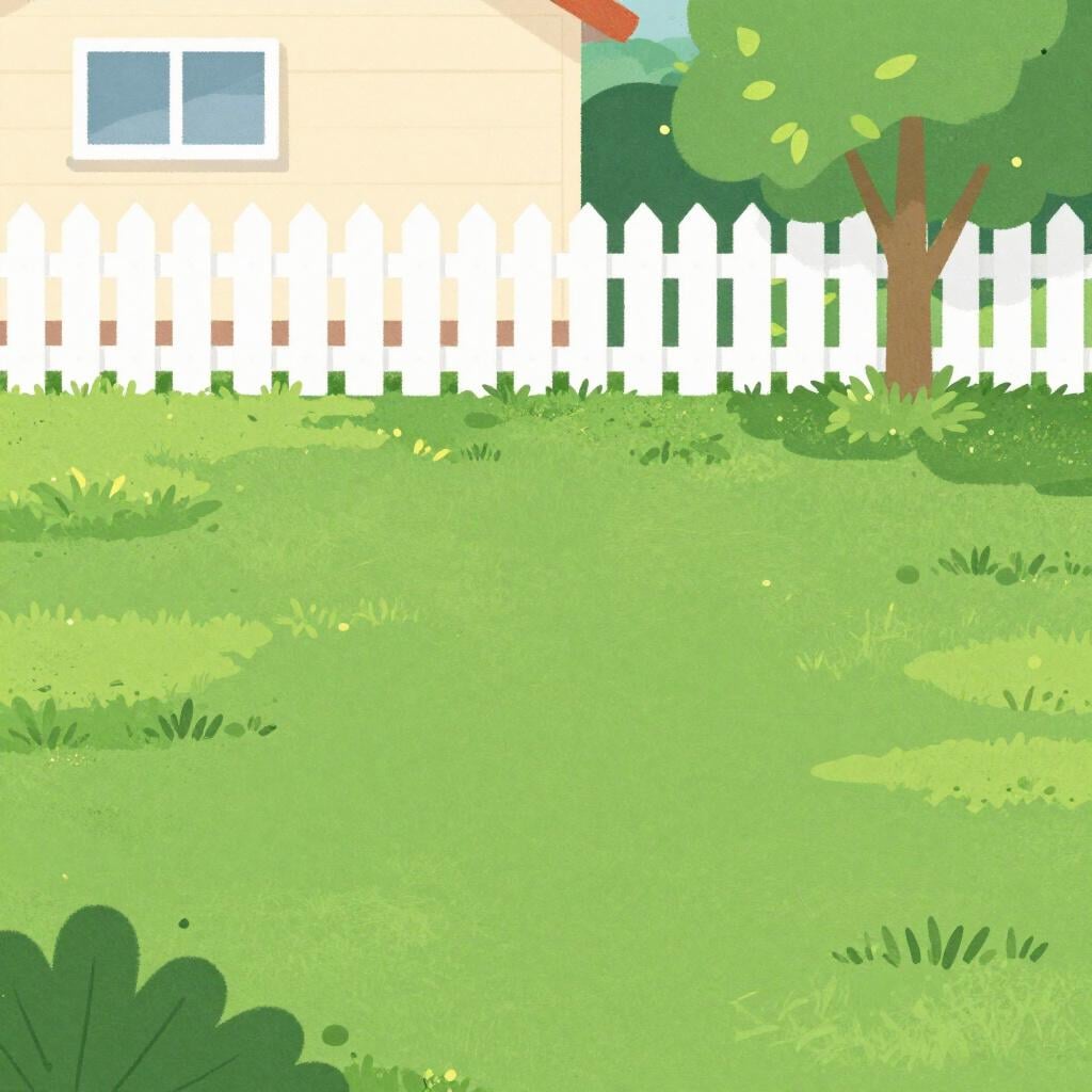 Ein grüner, grasbewachsener Hinterhof mit einem weißen Lattenzaun und einem kleinen Baum.