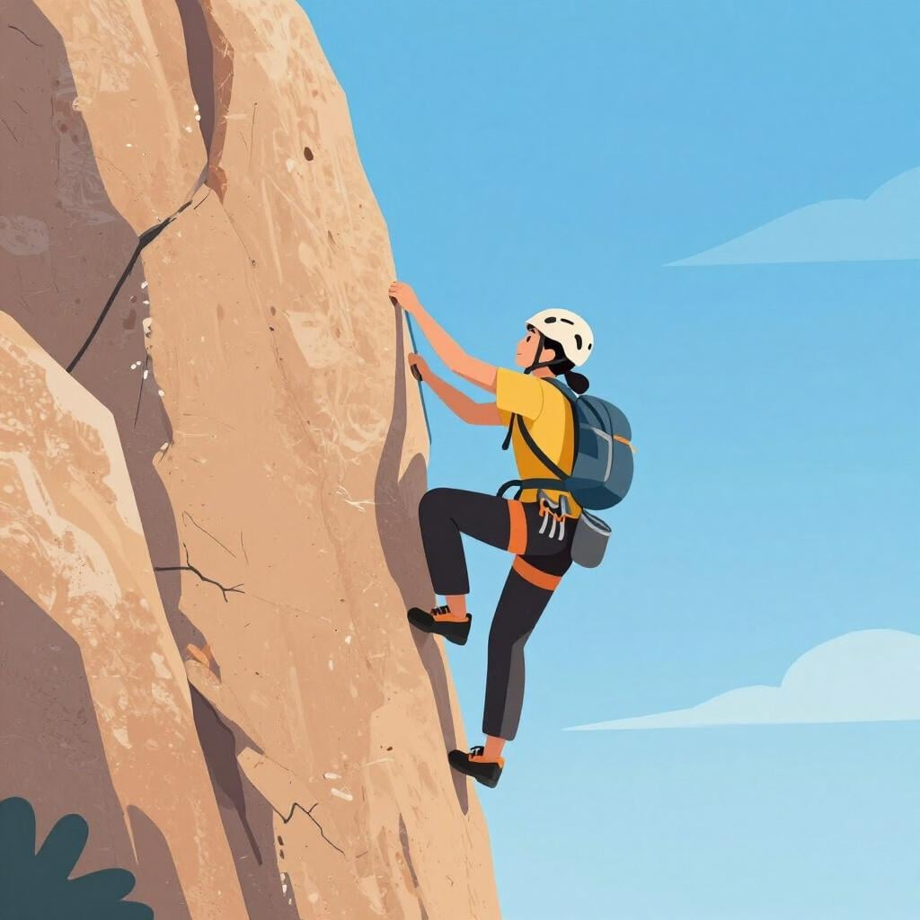 Une personne portant un harnais et un équipement d'escalade, gravissant un grand mur de roche gris avec des prises colorées.