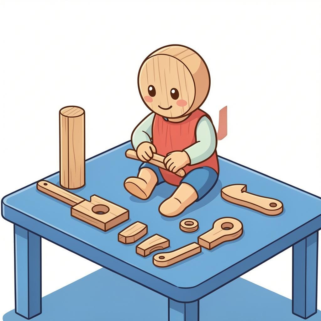 A wooden toy robot partially put together with various pieces lying nearby.
