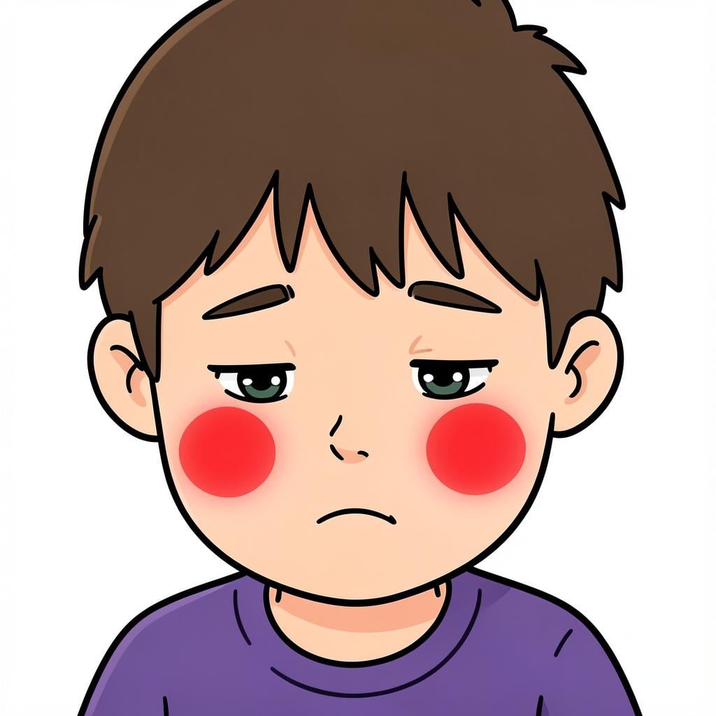 A young child with very rosy red cheeks looking shyly at the ground.