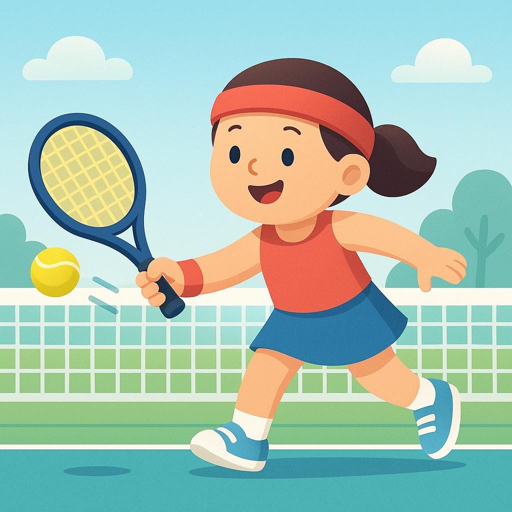 Een cartoon tennisspeler midden in een slag, die een tennisbal hoog over een net slaat om het punt te beginnen.
