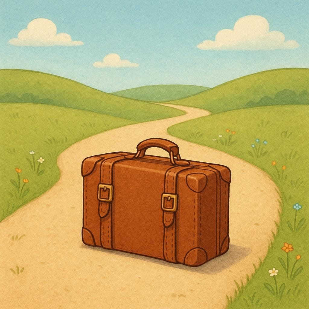 A single, closed brown leather suitcase sitting alone in the middle of a winding, empty dirt road under a bright sky.