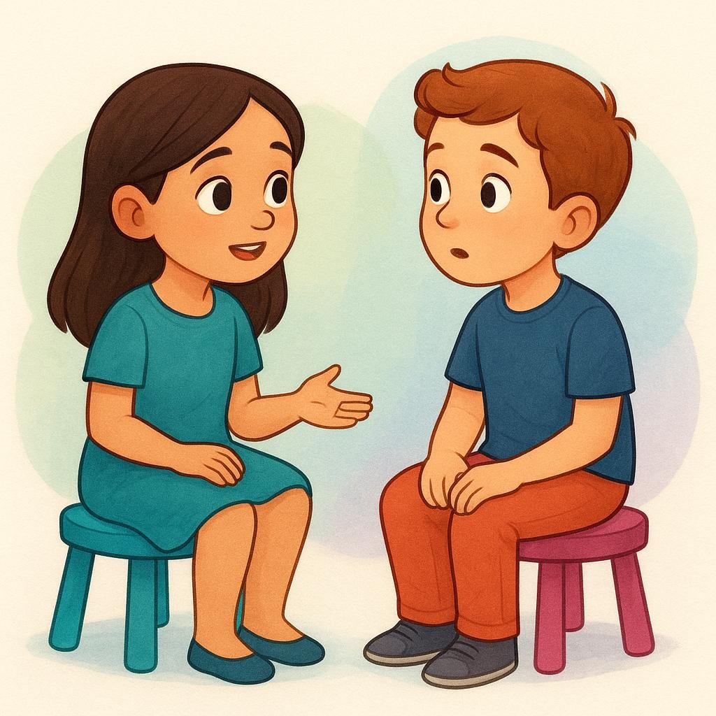 A girl with wide, honest eyes speaking clearly and directly to a boy who looks slightly surprised. They are sitting face-to-face on colorful stools.
