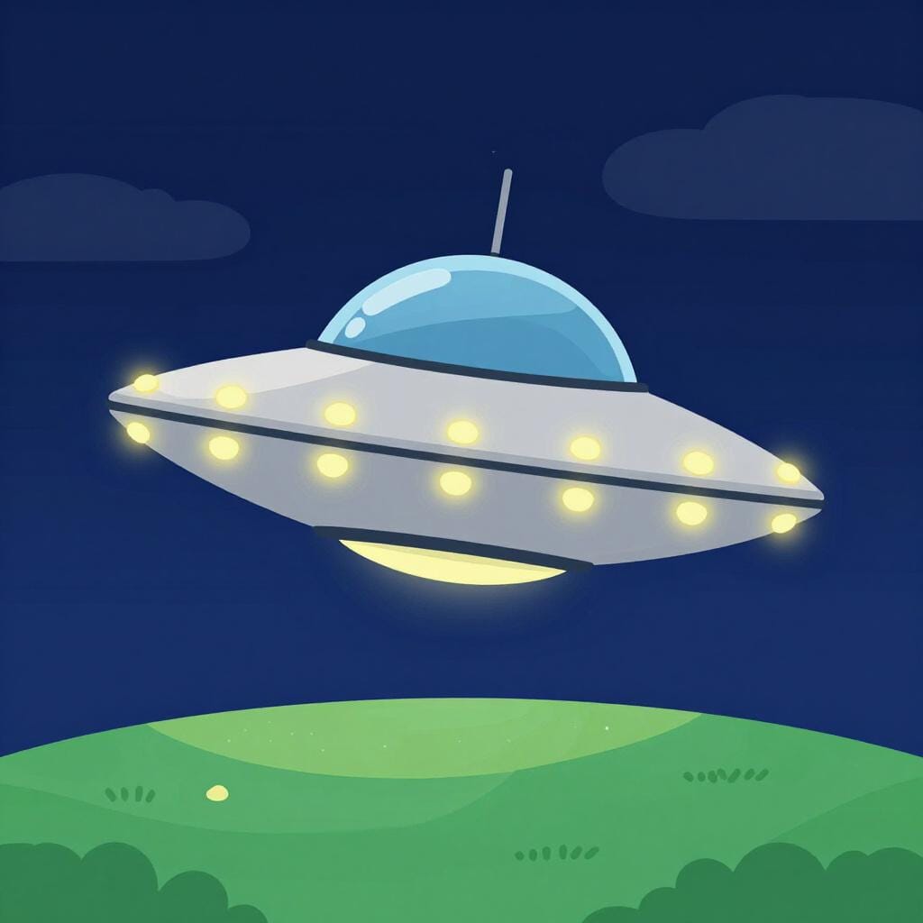 A silver metallic saucer with glowing yellow lights hovering in a dark blue night sky.