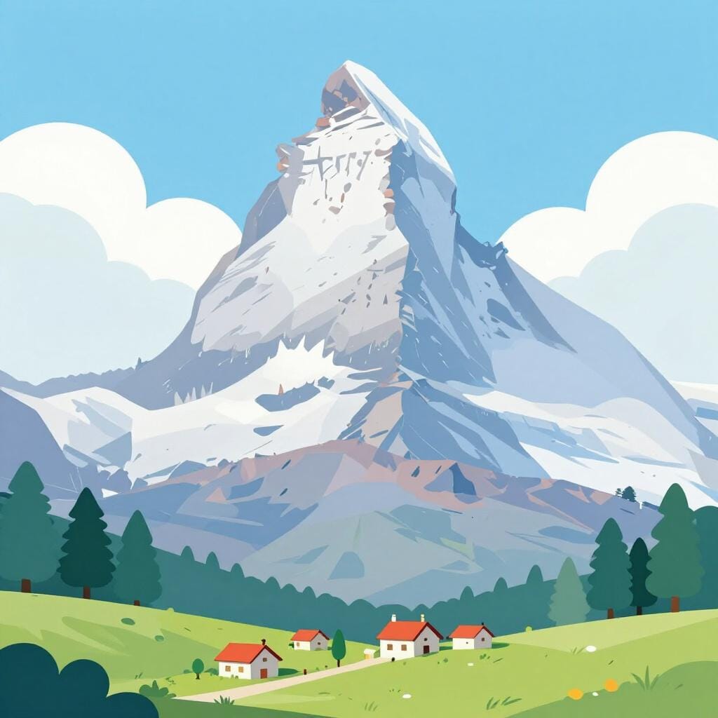 Een grote, hoge berg die uitkijkt over een klein dorp in de vallei.