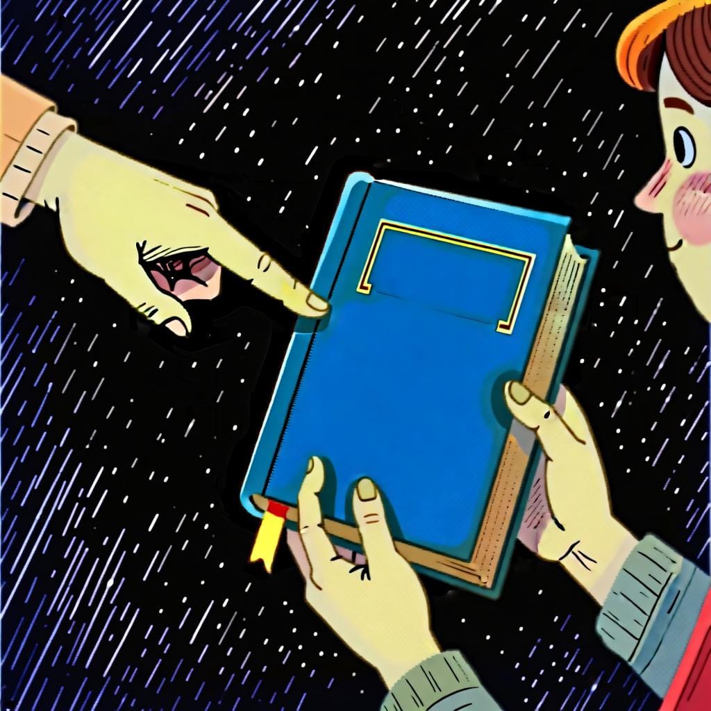 Eine Hand zeigt auf ein blaues Buch, das eine andere Person hält, und deutet damit Besitz an.