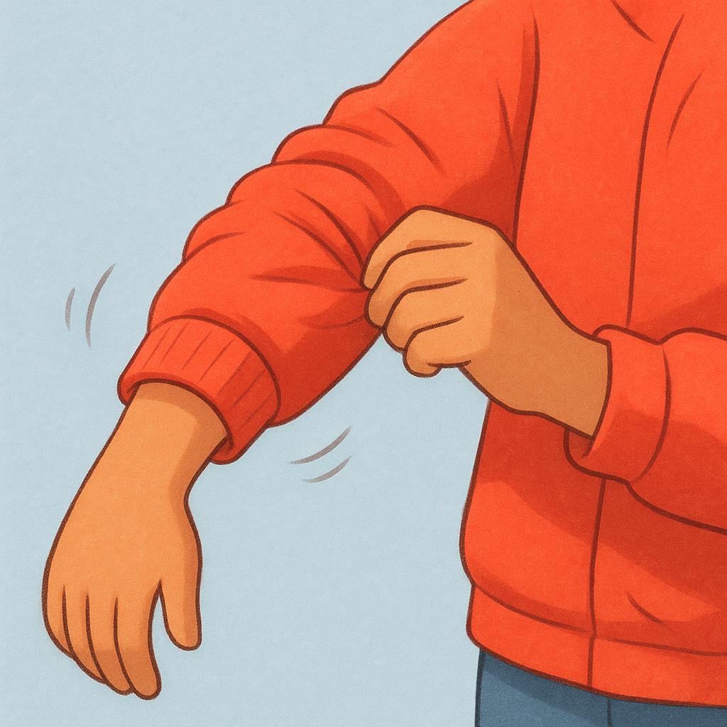 A cartoon character's hand slipping a bright red jacket onto their arm, illustrating the action of dressing.