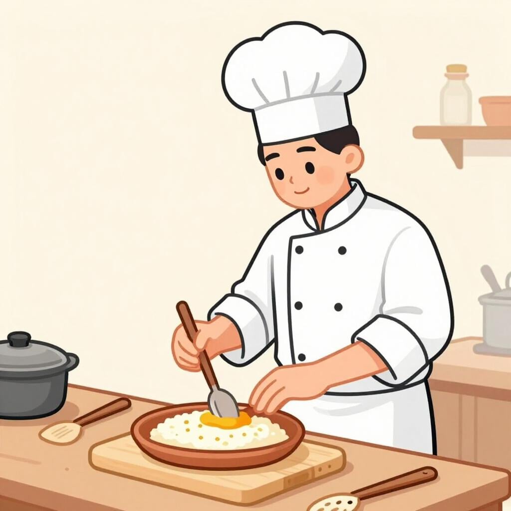 Uma chef usando um chapéu branco alto tradicional e um avental branco, seguindo cuidadosamente um livro de receitas clássico em uma cozinha arrumada.