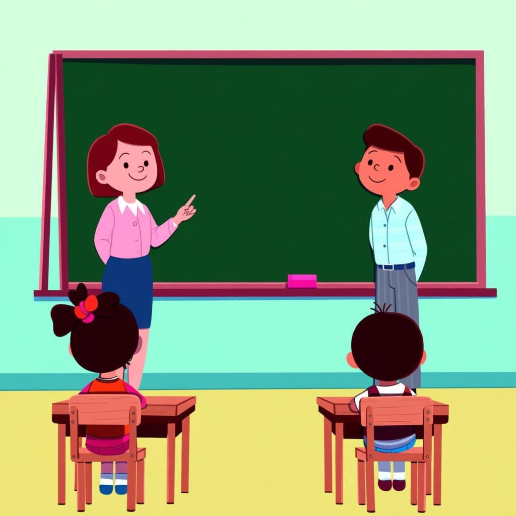 A teacher pointing at a large whiteboard while three young students sit attentively at their desks in a colorful classroom, depicting a scheduled lesson.