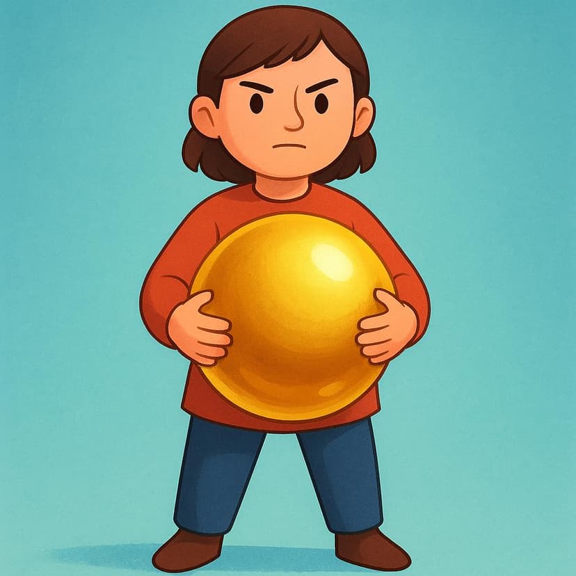 A determined character, standing confidently, carefully holding a large, shiny golden sphere with both hands, symbolizing taking responsibility for a task.