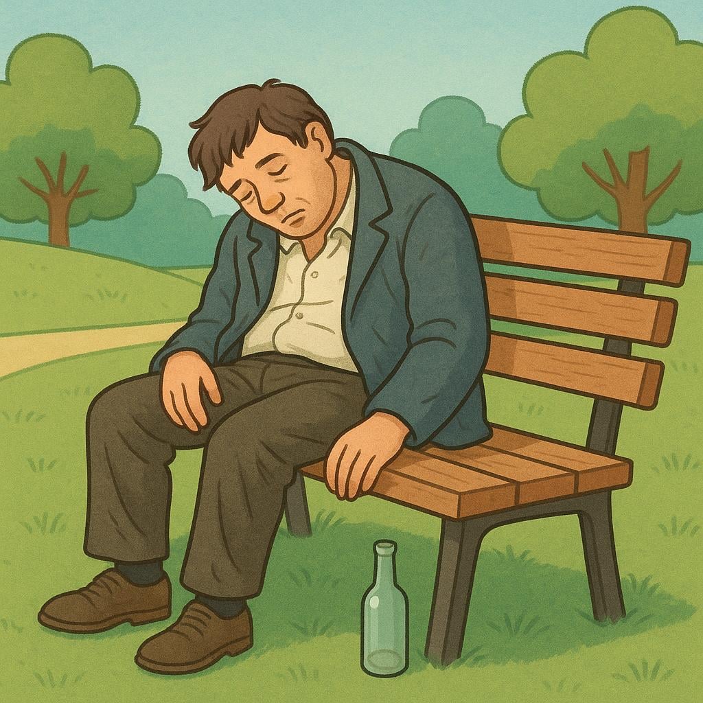A storybook illustration showing a solitary, disheveled figure slumped asleep on a simple wooden park bench in the evening. An empty bottle rests on the ground nearby.