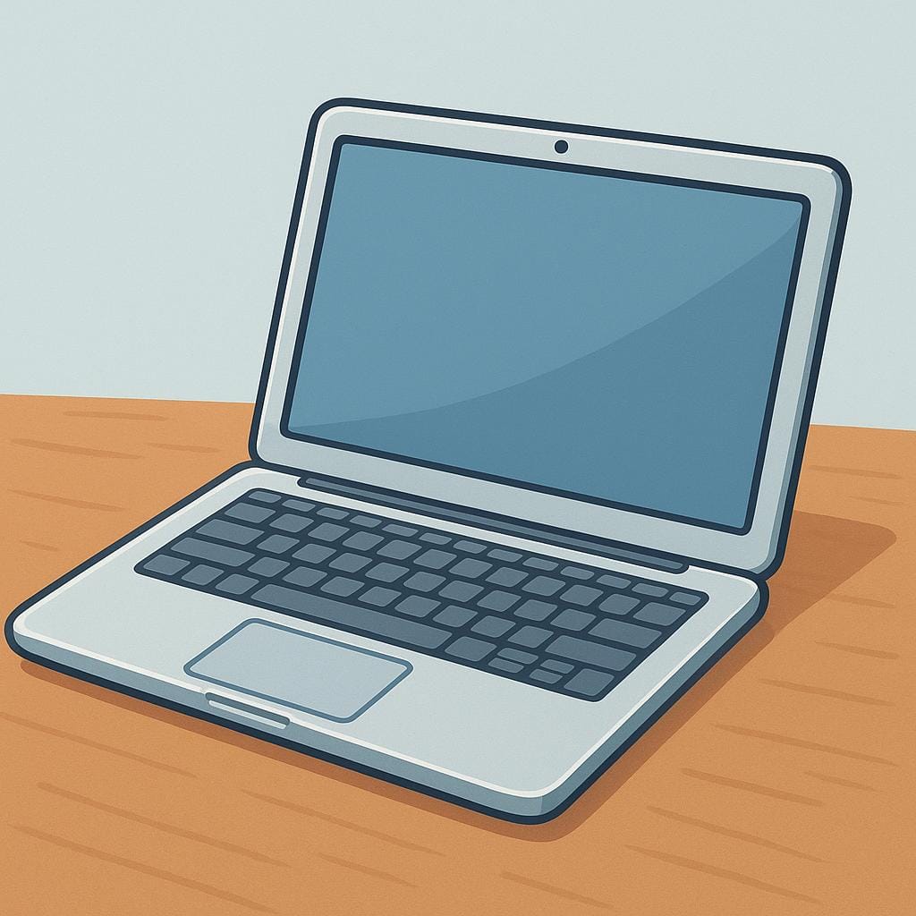 Uma ilustração minimalista de um computador portátil prateado aberto sobre uma mesa, mostrando a tela e o teclado.