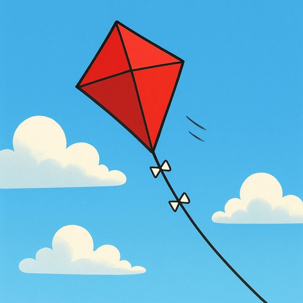 A bright red diamond-shaped kite being carried high by the wind against a clear blue sky, illustrating moving air.