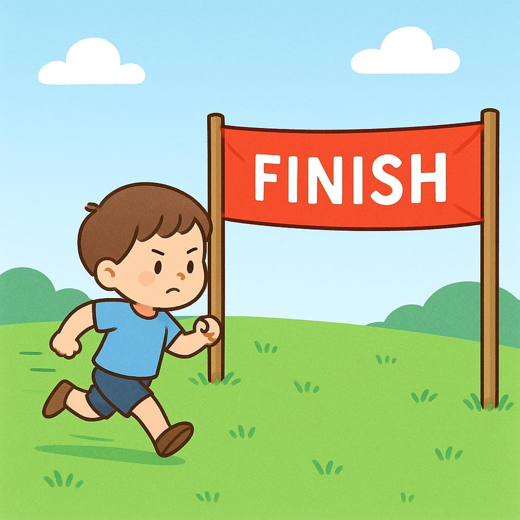 A small figure sprints towards a bright red finish line banner stretched across a field, symbolizing a deadline.