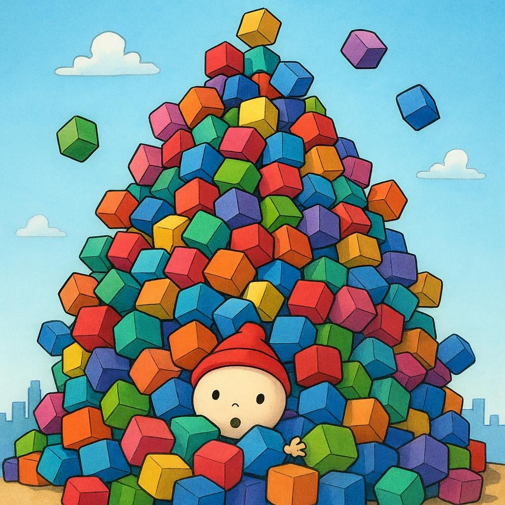 A tiny person is standing next to a mountain of colorful, identical toy blocks that is ridiculously large and overwhelming, illustrating a hyperbolic, uncountable amount.