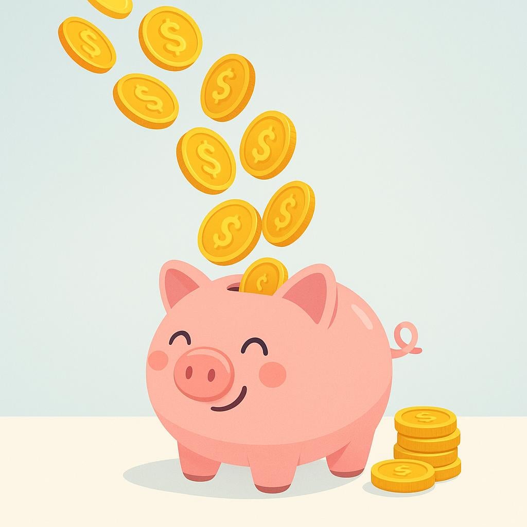 A stream of golden coins pouring down into a small, smiling piggy bank, symbolizing a financial boost or infusion.