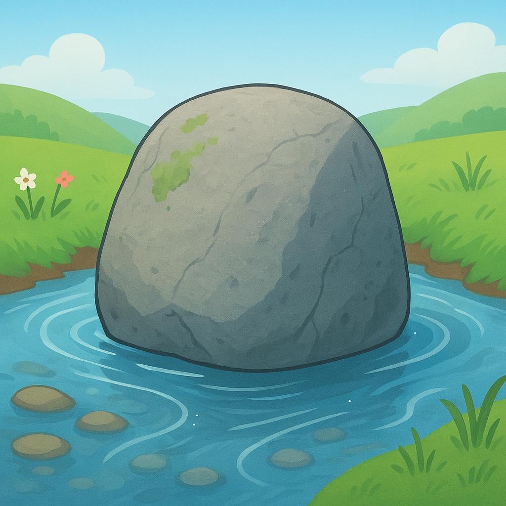 A large, grey, ancient boulder sitting firmly in the middle of a shallow stream, symbolizing persistence and endurance as water flows around it.