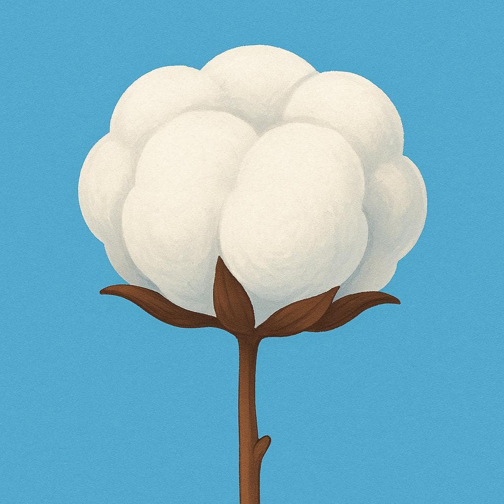 A single, fluffy white cotton boll bursting open on a brown stalk, illustrating the raw fiber.