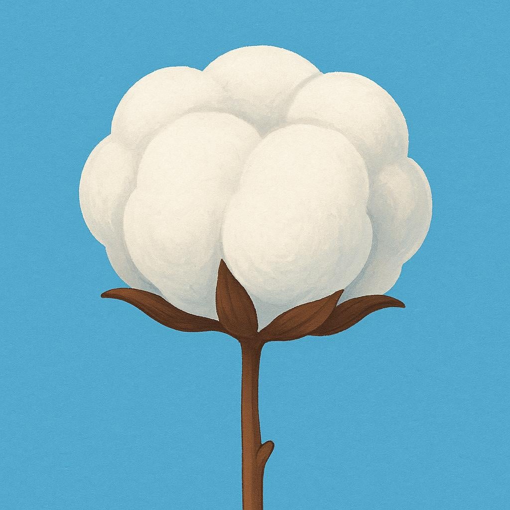 A single, fluffy white cotton boll bursting open on a brown stalk, illustrating the raw fiber.