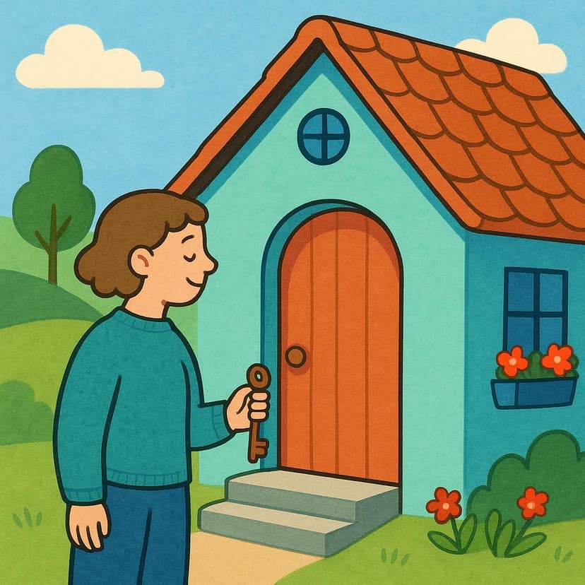 A colorful, simple storybook illustration showing a single adult figure standing outside a quaint, brightly painted cottage. The figure is holding a small, old wooden key and looking fondly at the front door.