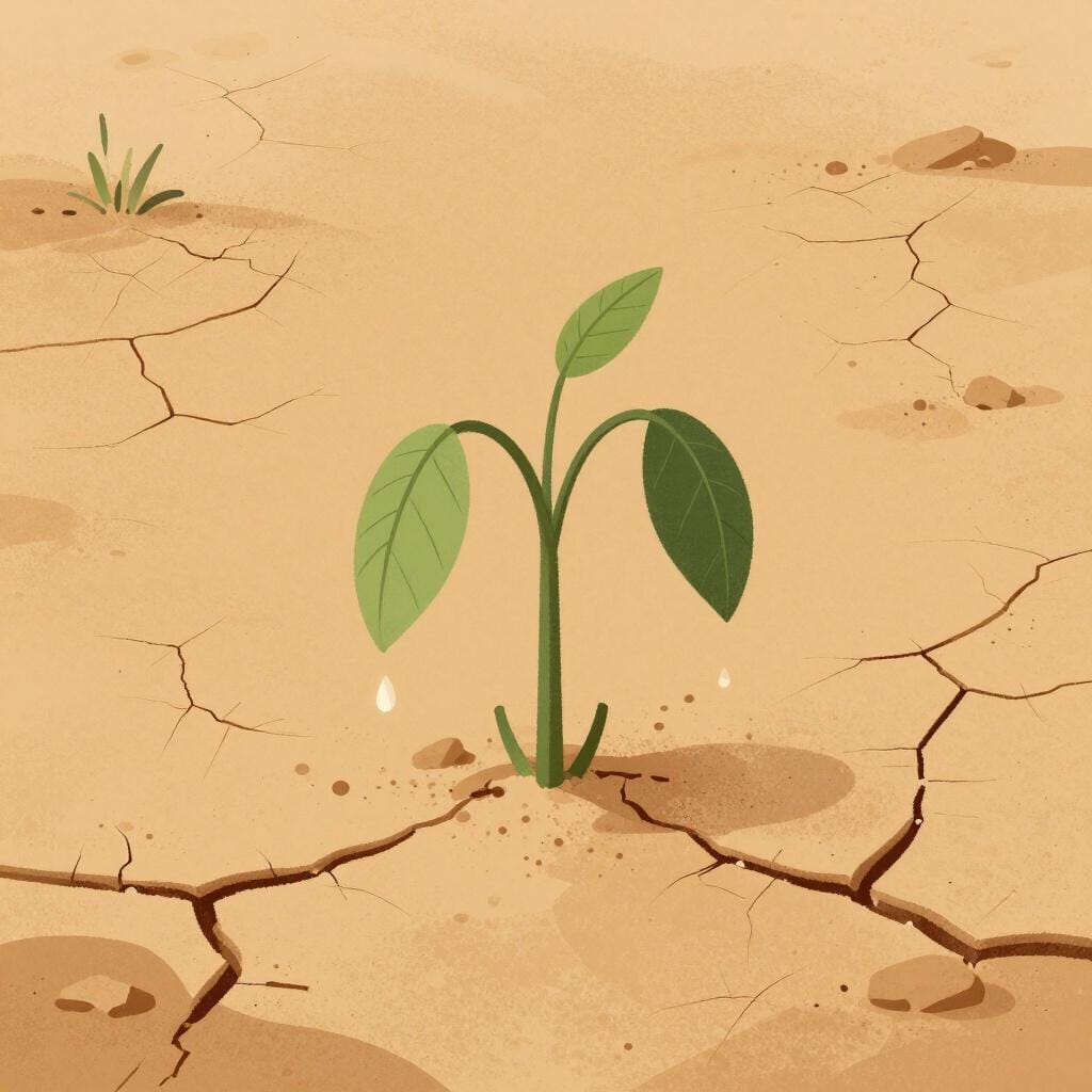 A wilted, brown plant in a dry, cracked field under a harsh sun.