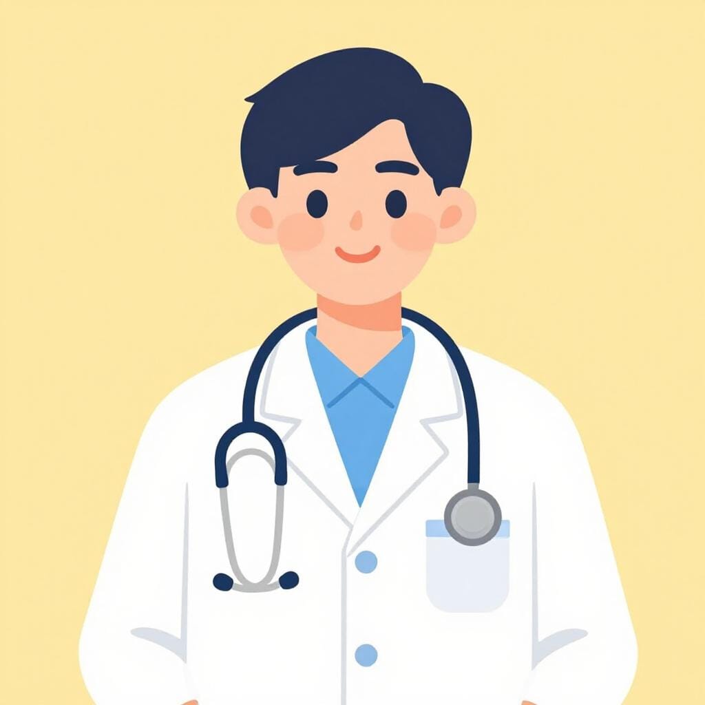 A friendly person wearing a stethoscope and a white medical coat.