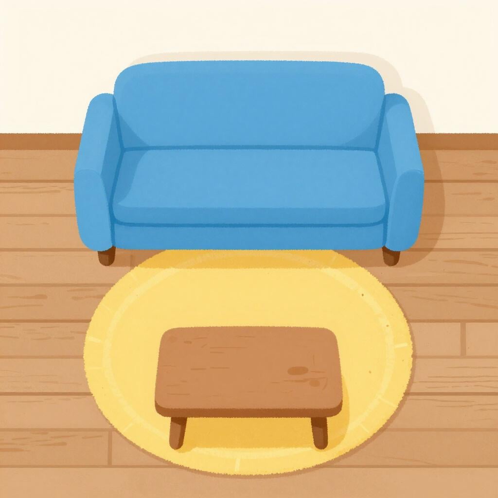 A top-down view of a cozy living room showing the arrangement of a sofa, a rug, and a small coffee table.