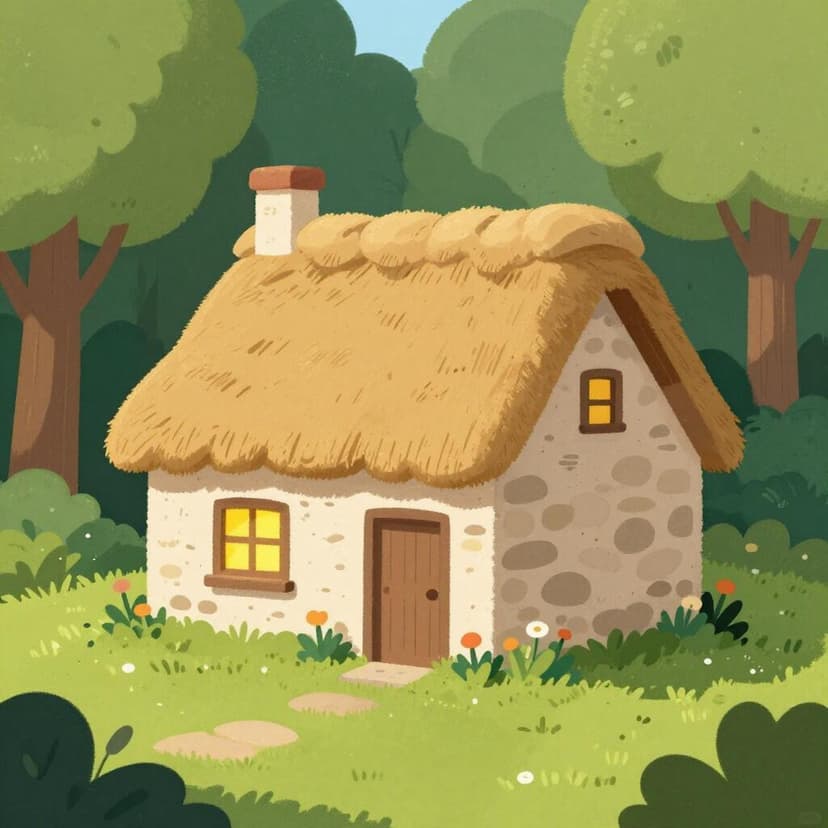 Un piccolo e accogliente cottage con una luce calda alla finestra, immerso in una pacifica foresta verde.