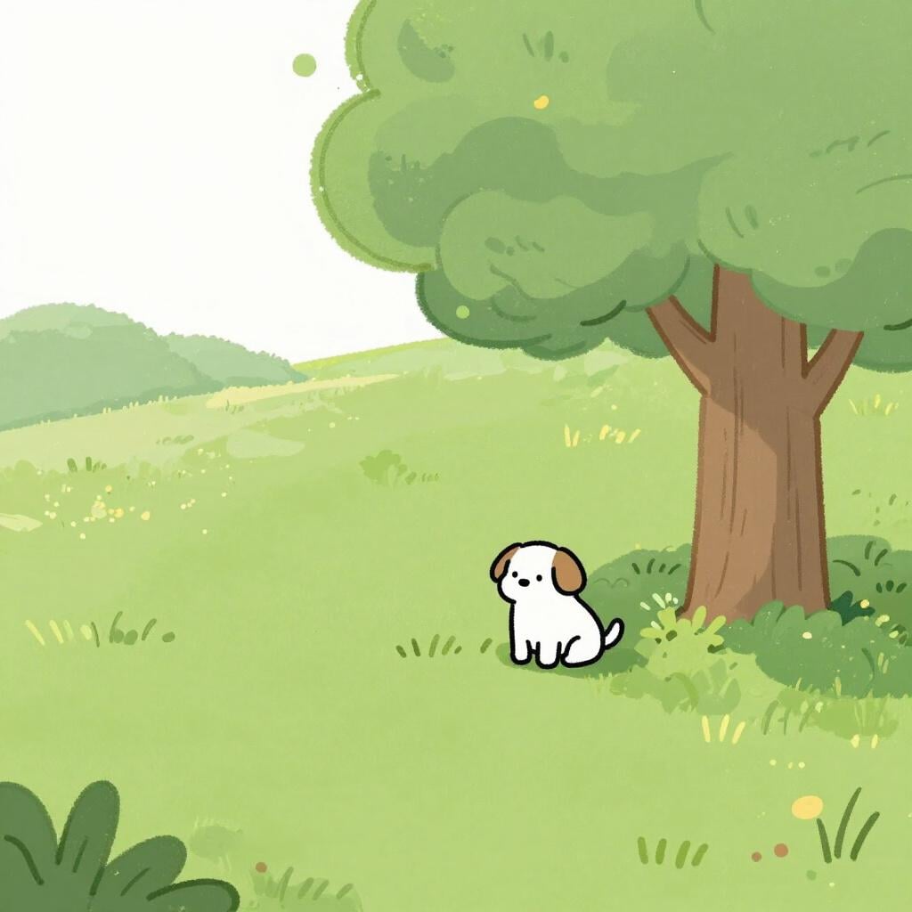 広大な空き地の中央に、一本の木の下で一人で座っている、小さくて寂しそうな子犬。