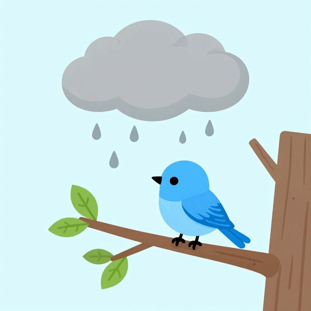 Ein kleiner Vogel sitzt allein auf einem kahlen Ast unter einer grauen Regenwolke.