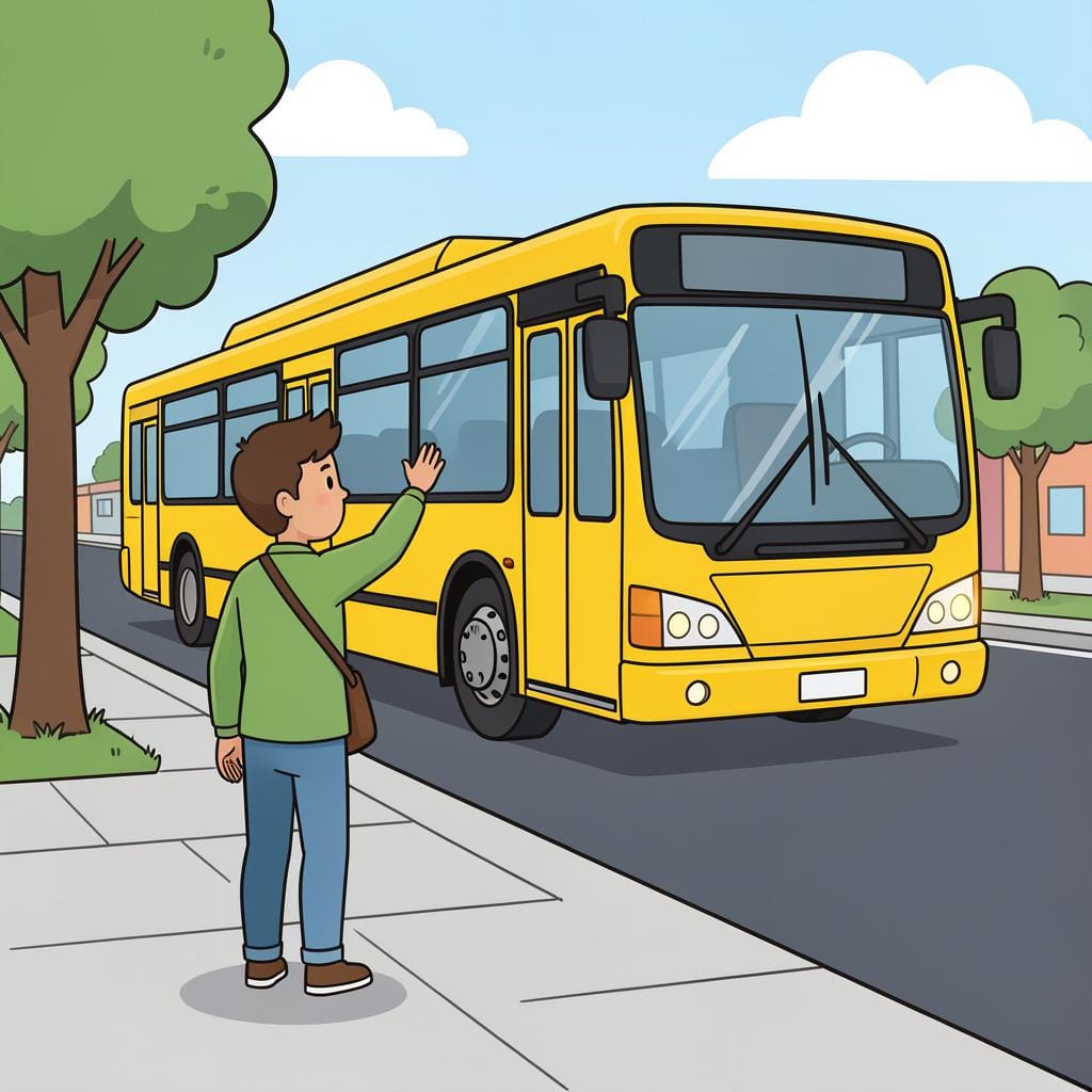 A person standing at a bus stop as a bright yellow bus approaches.