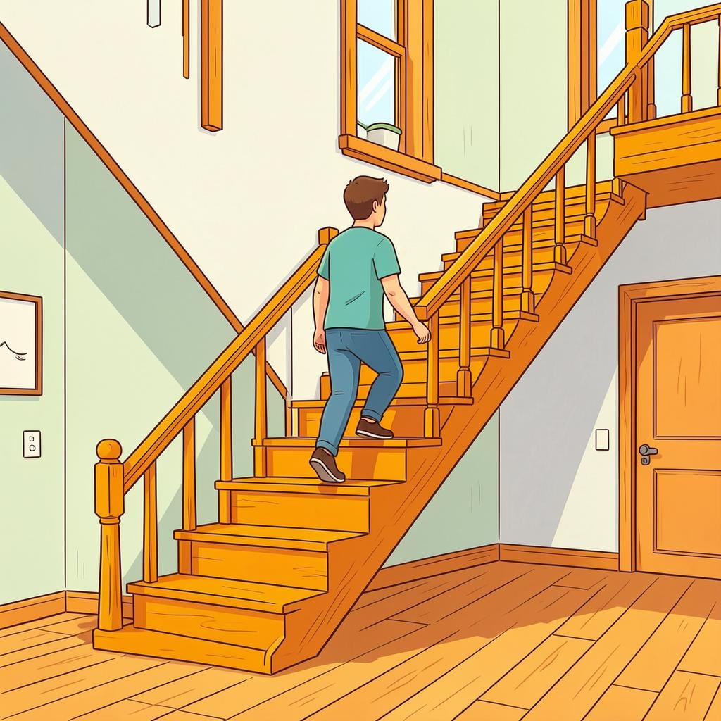 A person walking up a colorful staircase toward a landing.