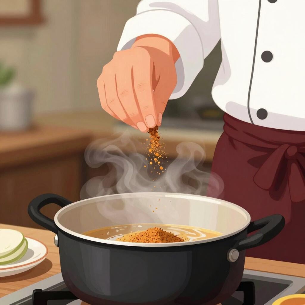 A chef's hand sprinkling a tiny pinch of bright red spice into a large cooking pot, representing a small amount of flavor.