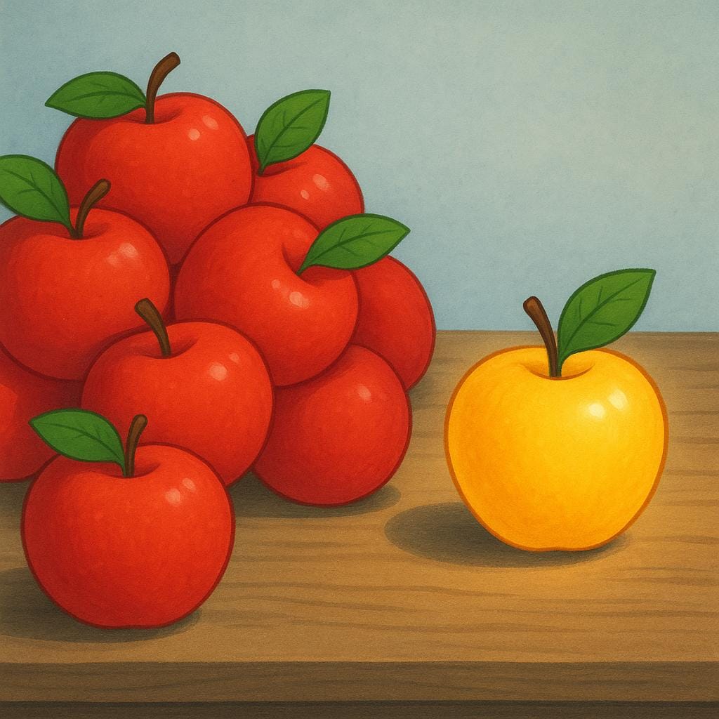 Een hoogwaardige illustratie in boekstijl die een cluster van vijf rode appels toont, met één enkele, lichtgevende gouden appel prominent geplaatst en uitgelicht boven de rest.